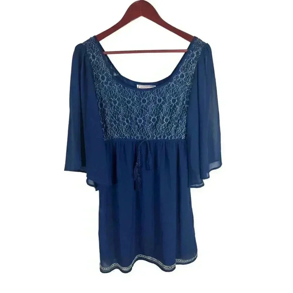 Flying Tomato Boho Flowy Sleeves Blue With Gold Embroidered Mini Dress Sz Medium - Picture 1 of 10